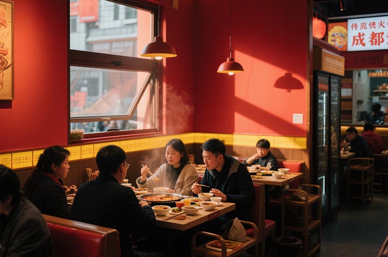 以紅、黃二色為例的川味火鍋店裝修效果圖