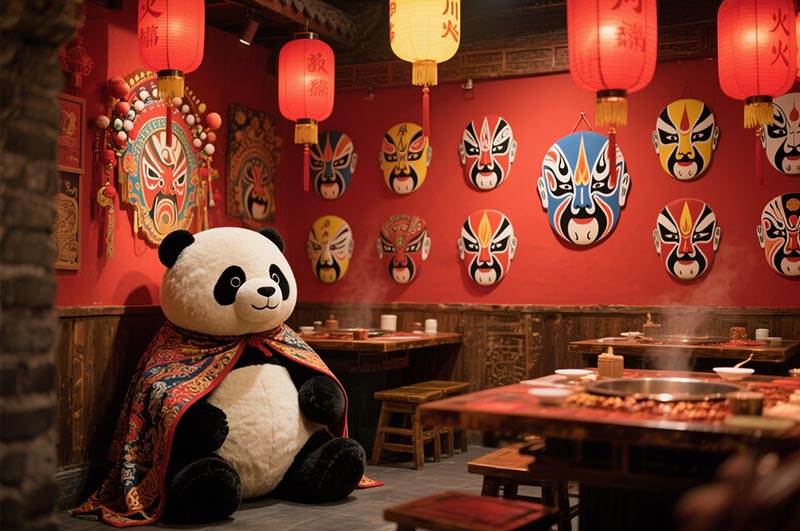 融入川劇臉譜、熊貓圖案、蜀錦元素等的火鍋店裝修效果圖