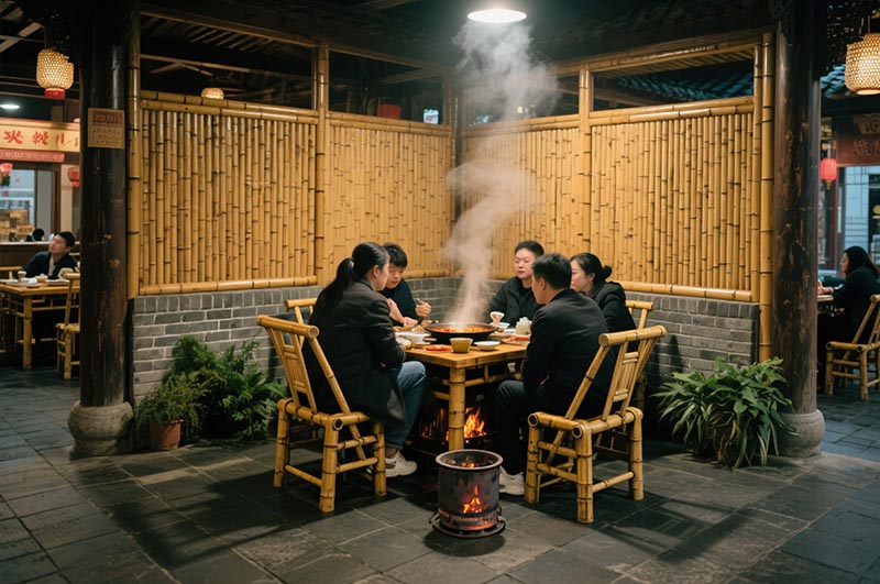 采用竹、木、青磚等傳統材質的火鍋店裝修效果圖