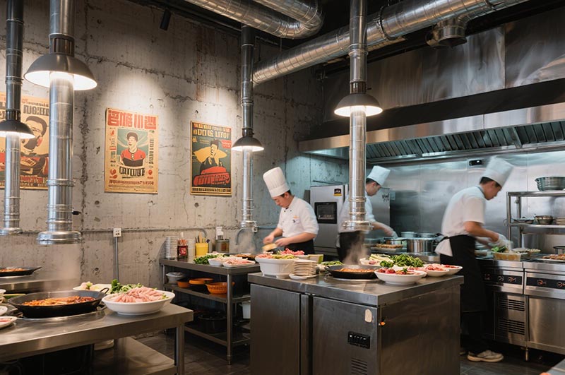 裸露的水泥墻面的工業風火鍋店裝修效果圖